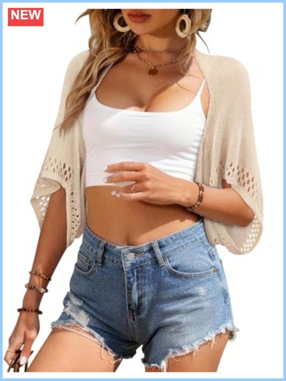 Crochet Shrug Batwing 3/4 Sleeve Lightweight Summer Cardigan